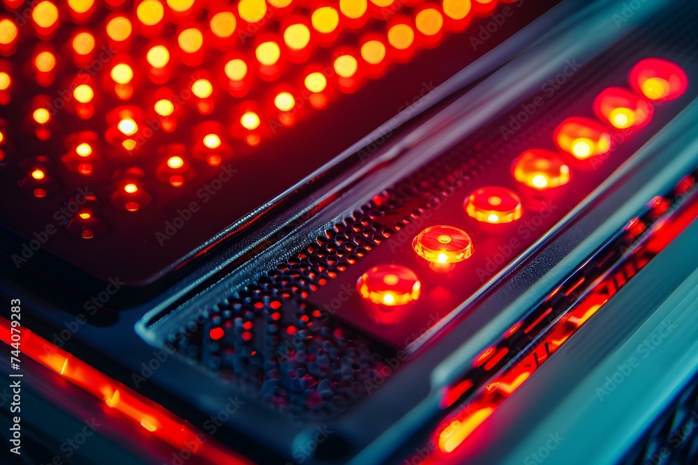 Poster close-up shot of computer case illuminated with red lights ideal for tech concepts. concept gaming s