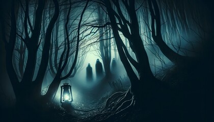 A photo-style depiction of a dark, foggy forest path with mysterious figures lurking in the mist, illuminated by a dim lantern. AI Generated