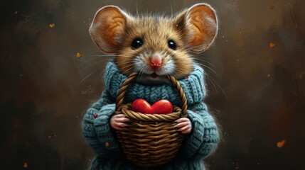  a painting of a rat holding a basket with a red heart in it's lap and wearing a blue sweater and holding a red heart in it's hands.