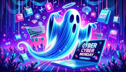A ghost joyfully interacts with digital elements of Cyber Monday, including a laptop displaying online sales. AI Generative