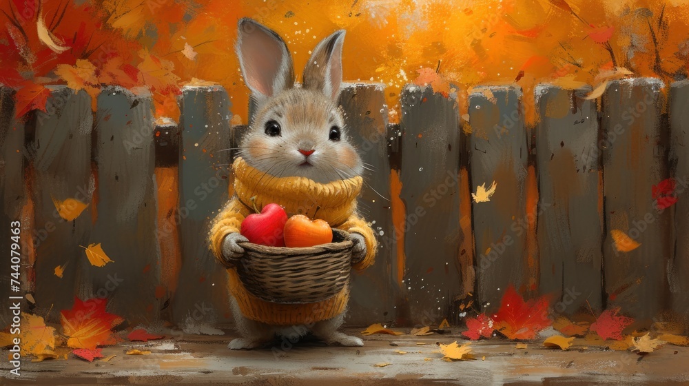 Poster a painting of a rabbit holding a basket full of apples and oranges in front of a fence with fall lea