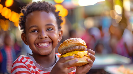 Portrait of an African Child eating a hamburger for the first time: Boy happily eating a hamburger with bokeh effect. Behind the boy is a queue of other children.
