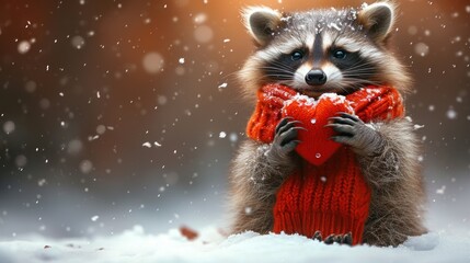  a raccoon wearing a red sweater and holding a red heart in a snowy scene with snow falling on the ground and falling off of the raccoon.