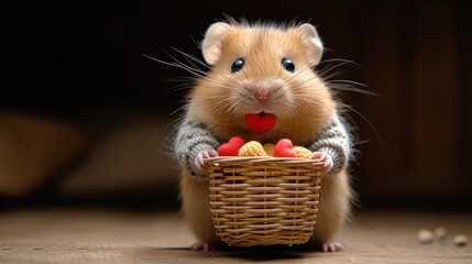  a hamster sitting in a wicker basket with a red heart in it's mouth and some nuts in front of it, on a wooden floor with a dark background.