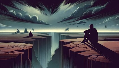 Illustrates a lone figure sitting on the edge of a cliff, surrounded by a vast and desolate landscape. AI Generative