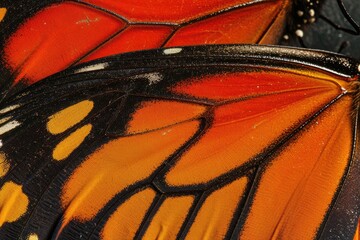 A detailed image capturing the orange and black wings of a butterfly up close, Intricate patterns of a monarch butterfly wing, AI Generated