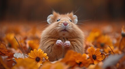 Naklejka na ściany i meble a hamster standing on its hind legs in the middle of a field of orange and yellow flowers with its front paws on it's paws, looking up at the camera.