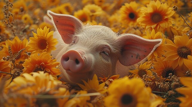 a pig in a field of sunflowers with its head sticking out of the middle of the pig's face, with its eyes closed and ears wide open.