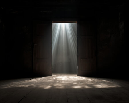 A light shines through a doorway into a dark room 