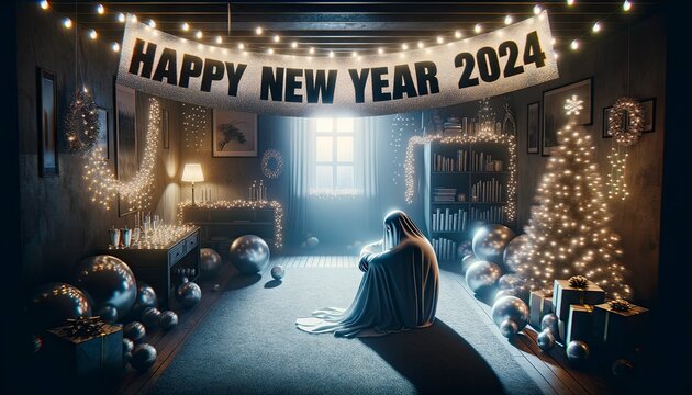 A room filled with New Year decorations, a ghost-like figure symbolizing depression sits quietly in a corner. AI Generative