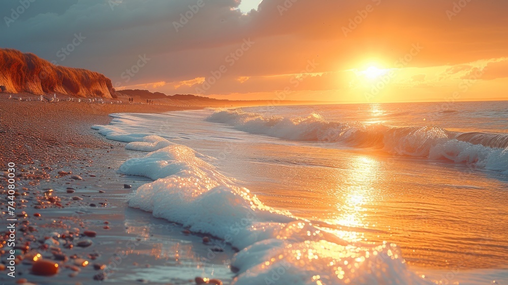 Aufkleber the sun is setting on a beach with waves crashing on the sand and a cliff in the distance is seen in