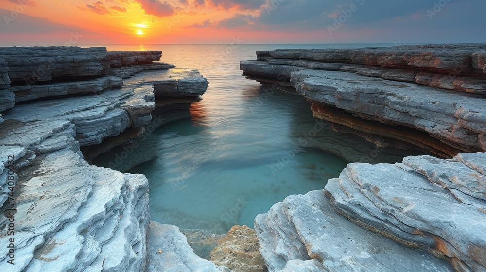 Poster  the sun is setting over the water at the edge of a rocky cliff with a body of water running between it and the edge of the cliff is partially submerged in the water.