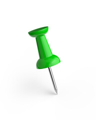 Realistic 3D green push pin isolated on white background.