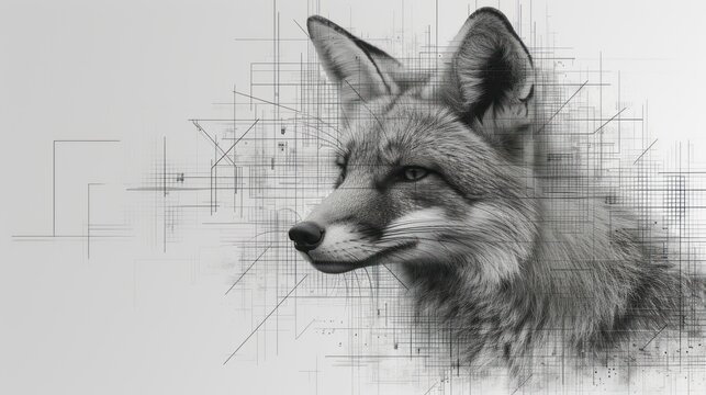  a black and white photo of a fox's face with a grid pattern in the background and lines in the foreground and on the left side of the fox's head.