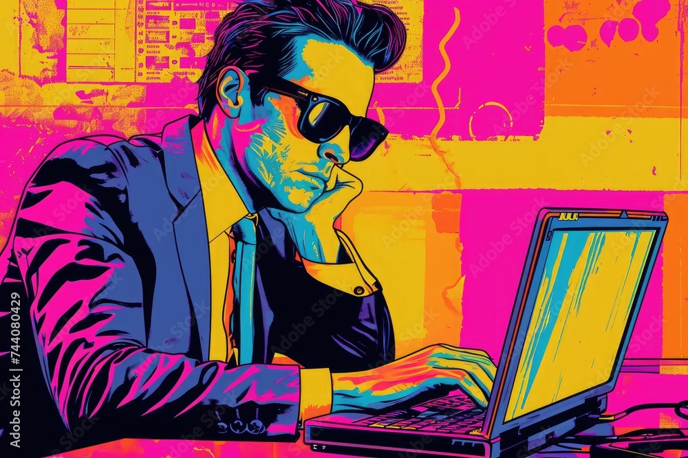 Aufkleber a man dressed in formal attire sits at a table in an office setting, focusing on his work by using a