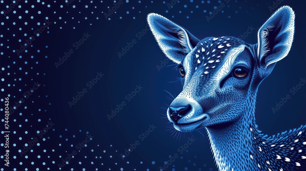 Poster a close up of a deer's face on a blue background with small white dots in the middle of the image an