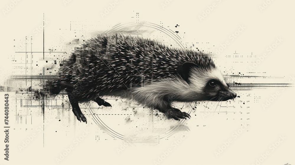 Poster a black and white photo of a porcupine on a white background with a black and white circle in the mi