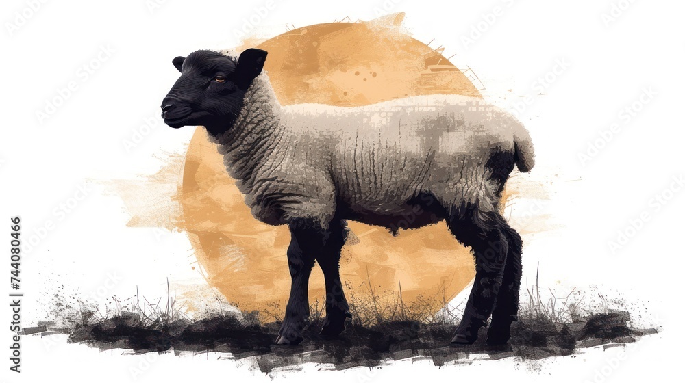 Poster a black and white sheep standing in front of a yellow and orange background with a half moon in the 