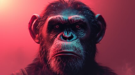  a close up of a monkey's face with a red light in the background and a red light in the foreground with a red light in the middle.