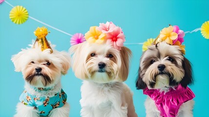 Creative animal concept. Havanese dog puppy in a group, vibrant bright fashionable outfits isolated...