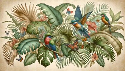 An illustration of a tropical forest mural, showcasing exotic leaves, vibrant birds, and delicate butterflies, rendered in a style reminiscent of an old botanical drawing. AI Generated