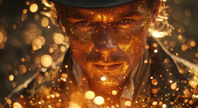 In the darkness of the night, a man's face glimmers with the magic of the stars, captivating all who gaze upon his sparkling portrait