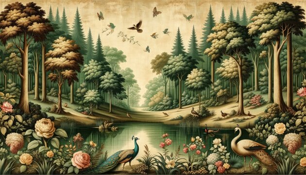 A vintage textured wallpaper showcasing a forest landscape with a calm lake in the center. Tall trees surround the lake, and various plants, including blooming roses, enhance the scenery. AI Generated