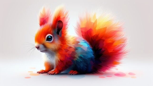  a colorful squirrel sitting on top of a white floor next to a pink and blue polka dot covered wall next to it's head and a pink spot on the ground.