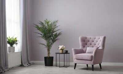 Grey colored armchair in a grey walls living room,interior decoration and plants,mock up,copy space.	.