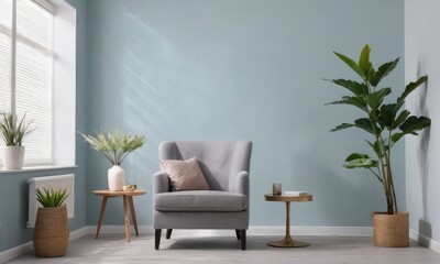 Background mock up grey colored luxury armchair in a blue walls living room. 