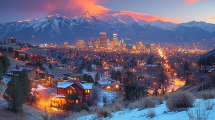  a view of a city at night with mountains in the background and snow on the ground and trees in the foreground and lights on the buildings in the foreground.