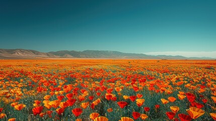  a field of red and yellow flowers with mountains in the backgrouds of the desert in the distance, with a blue sky in the middle of the foreground.