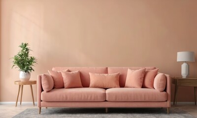 Mock up a peach - fuzz colored luxury sofa in a peach -fuzz walls living room with plant.