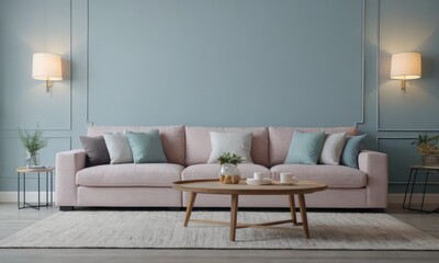 Beige colored sofa in a blue walls living room, cozy interior decoration and plants,mock up,copy space.	.