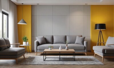 Background mock up grey colored luxury sofa in a grey walls living room. 