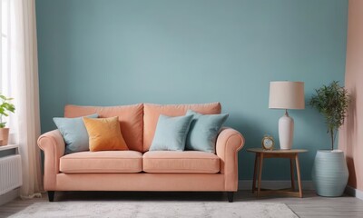 Background mock up peach-fuzz colored luxury sofa in a blue walls living room. 