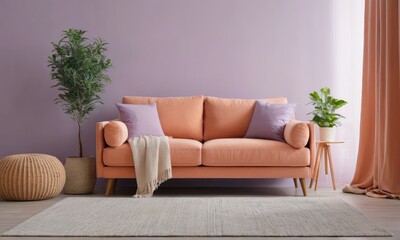 Background mock up peach-fuzz colored luxury sofa in a purple walls living room. 