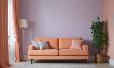 Peach-fuzz colored sofa in a purple walls living room,interior decoration and plants,mock up,copy space.	.