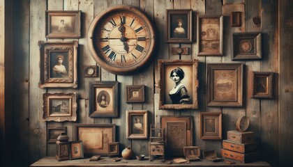 An old wooden wall adorned with vintage art pieces, featuring faded portraits, rustic frames, and aged prints. A worn-out clock with Roman numerals is prominently displayed. AI Generated