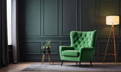 Background mock up green colored luxury armchair in a green walls living room. 