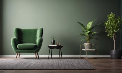 Fototapeta na wymiar Mock up a green colored luxury armchar in a green walls living room with plant.
