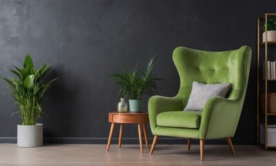 Green colored armchair in a black walls living room,interior decoration and plants,mock up,copy space.	.