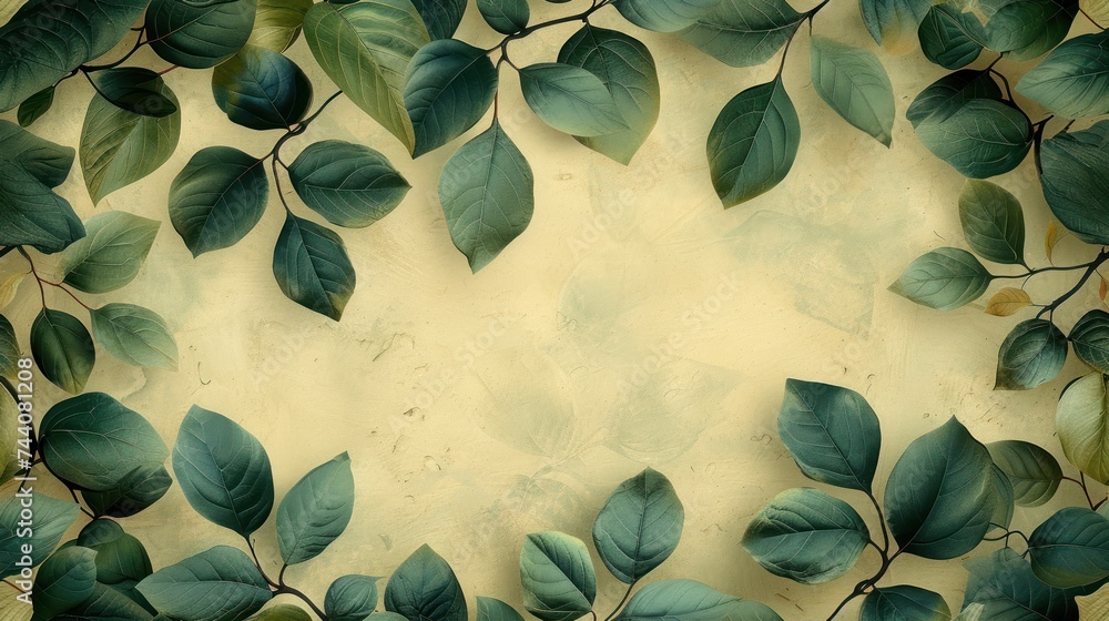 Poster a painting of a bunch of leaves on a white background with a green border around the edges of the im