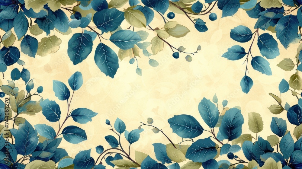 Poster  a close up of a blue and green leafy pattern on a white background with a light yellow background and a blue and green leafy pattern on the bottom right side of the image.