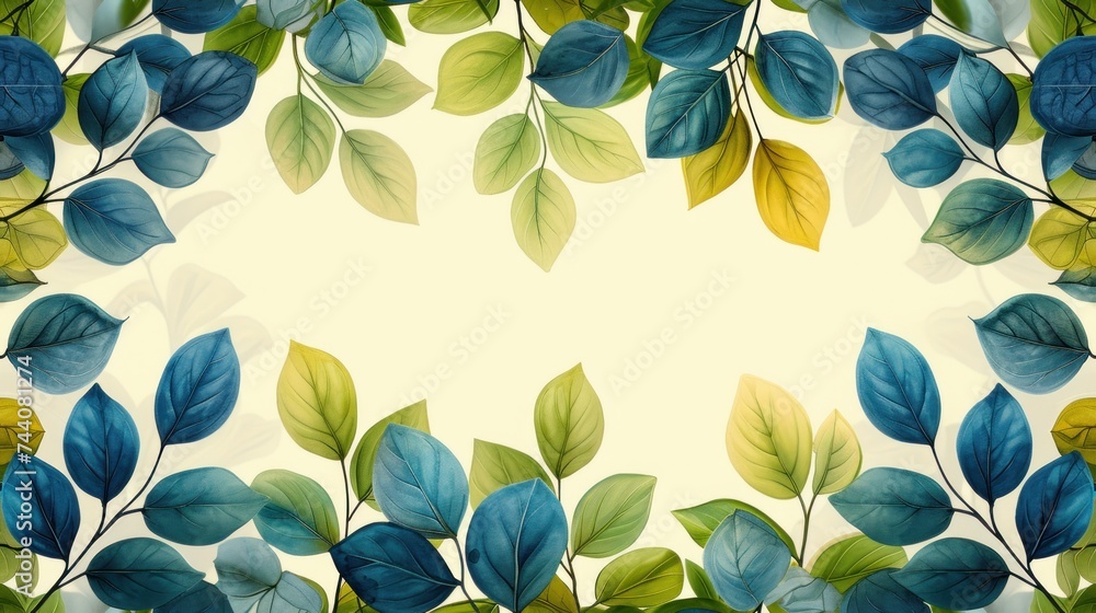 Poster a painting of blue and green leaves on a white background with a place for the text on the left side