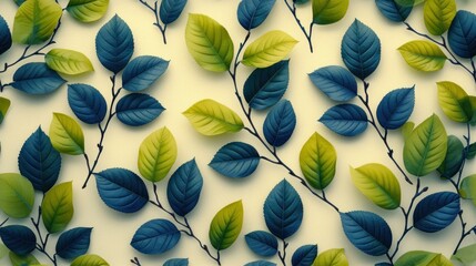  a close up of a bunch of leaves on a white surface with blue and green leaves on the top of the leaves and green leaves on the bottom of the leaves.