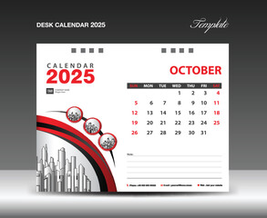 Desk Calendar 2025 template with circle frame can be use photo, October 2025 template. Wall Calendar design, planner, Corporate Calendar 2025 creative design mockup, printing, advertisement, vector