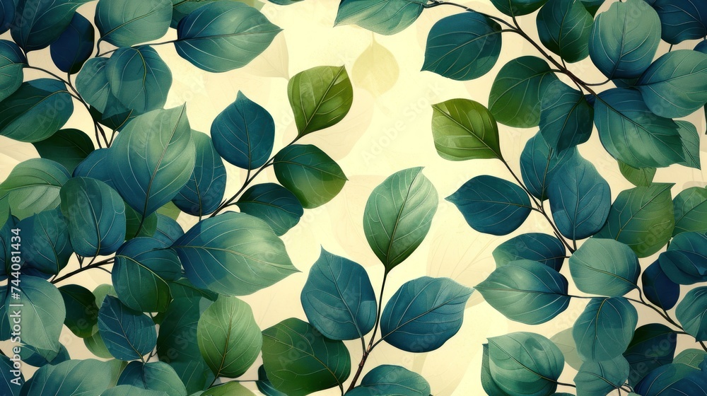 Aufkleber a close up of a green leafy pattern on a white background with blue and green leaves on the bottom o