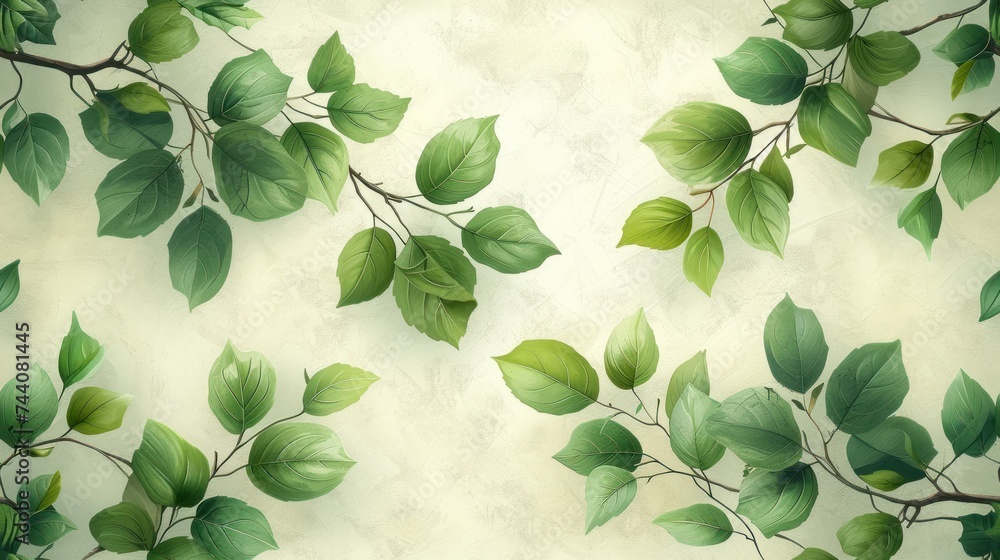 Poster a painting of a tree branch with green leaves on a cream colored background with a white wall behind