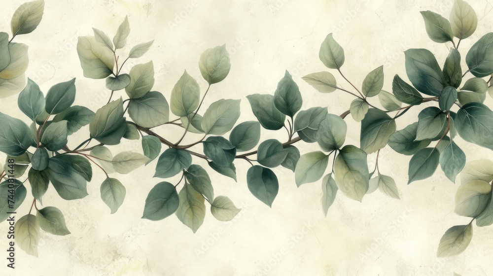 Poster a branch of a tree with green leaves on a white background with a faded out effect to the top part o